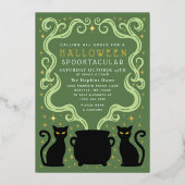 Green Witchy Black Cat Cauldron Halloween Party 箔招待状 (正面)
