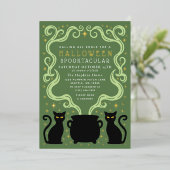 Green Witchy Black Cat Cauldron Halloween Party 箔招待状 (立ち正面)