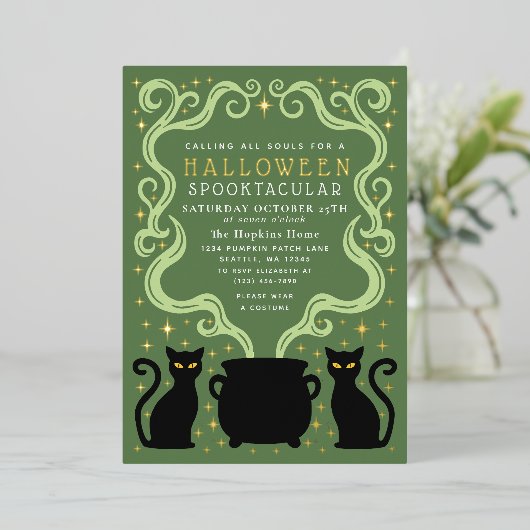 Green Witchy Black Cat Cauldron Halloween Party 箔招待状 (立ち正面)