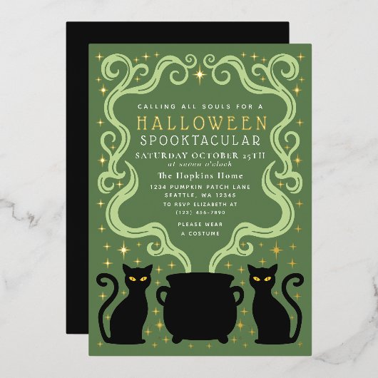 Green Witchy Black Cat Cauldron Halloween Party 箔招待状 (正面/裏面)