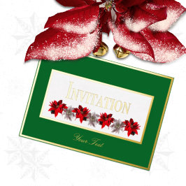 Green With Red Poinsettias Foil Invitation 箔招待状