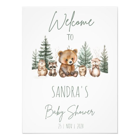 Green Woodland Adventure Baby Shower Welcome Sign フォトプリント (正面)