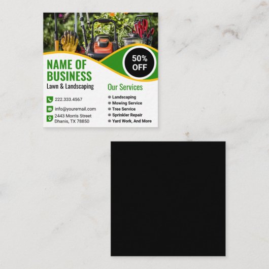 Green Yellow Lawn Mower Landscaping Service スクエア名刺 (正面/裏面)