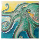 Green Yellow Octopus Watercolor Art タイル (正面)