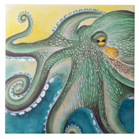 Green Yellow Octopus Watercolor Art タイル (正面)