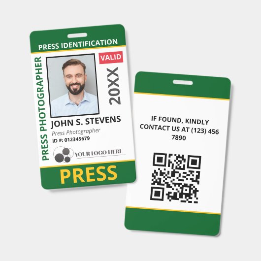 Green Yellow Photo & Logo Press ID QR Code バッジ (正面＆裏面)