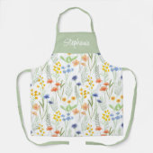 Green Yellow Watercolor Wildflower Custom Name エプロン (正面)