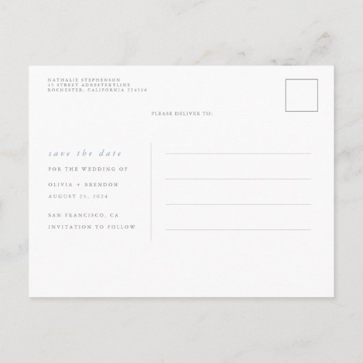 Greenery エレガント Dusty Blue日付写真を保存 案内ポストカード (裏面)