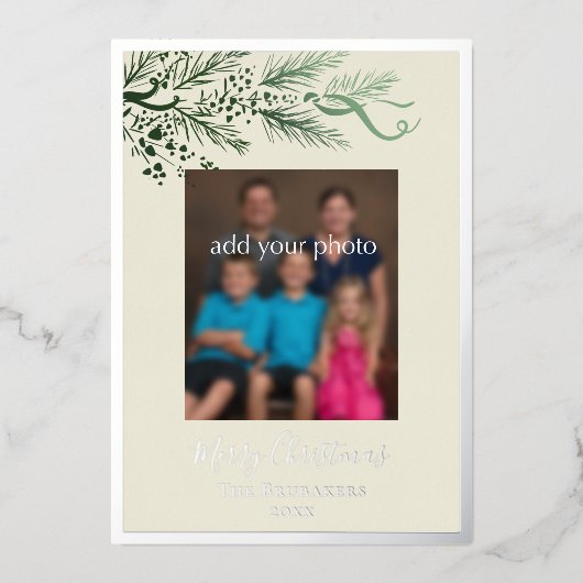 Greenery エレガント John 3:16写真モダンクリスマス 箔シーズンカード (正面)