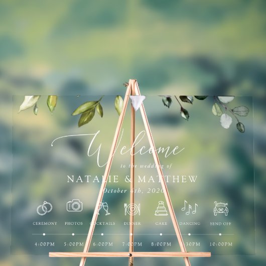 Greenery、ユーカリ葉ス、結婚のタイムライン アクリルサイン (ニュートラル)