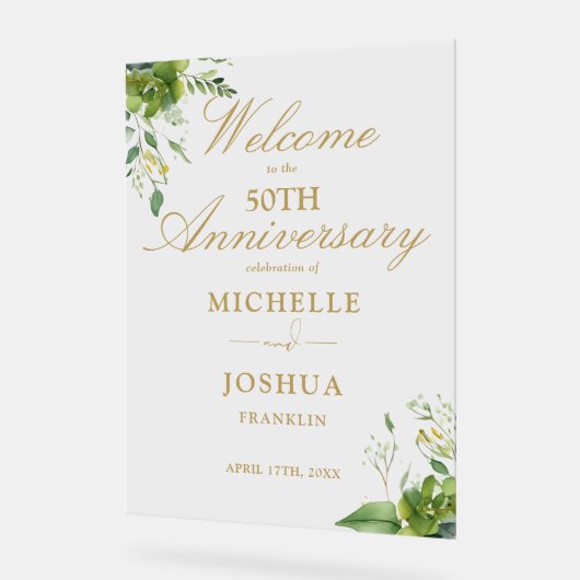 Greenery 50th Wedding Anniversary Welcome アクリルサイン (傾斜)