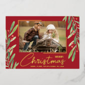 Greenery and Berries Christmas Photo 箔シーズンカード (正面)