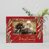 Greenery and Berries Christmas Photo 箔シーズンカード (立ち正面)
