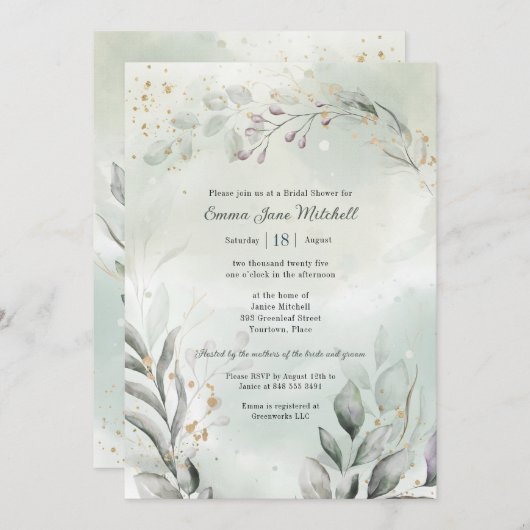 Greenery and Gold Bridal Shower 招待状 (正面/裏面)