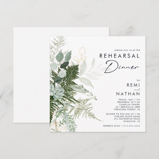 Greenery and Gold Leaf Square Rehearsal Dinner 招待状 (正面/裏面)