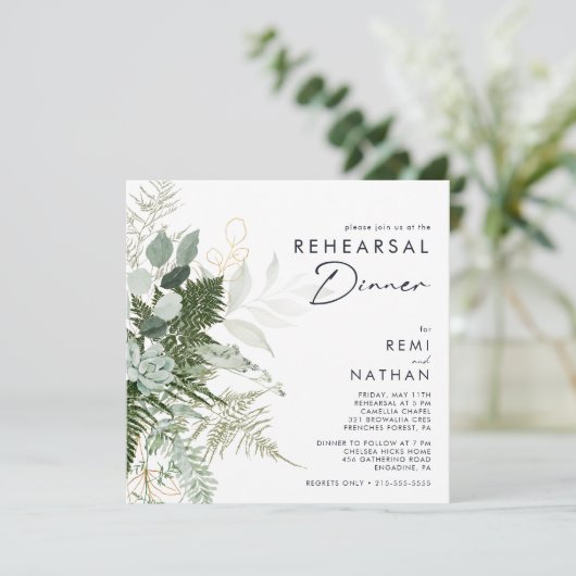 Greenery and Gold Leaf Square Rehearsal Dinner 招待状 (スタンド正面)