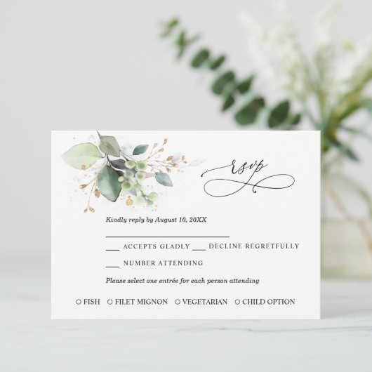 Greenery and Gold Wedding RSVP Card (スタンド正面)