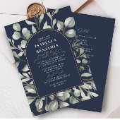 Greenery Arch Navy RSVP QRコードの結婚バラ金ゴールド 箔招待状