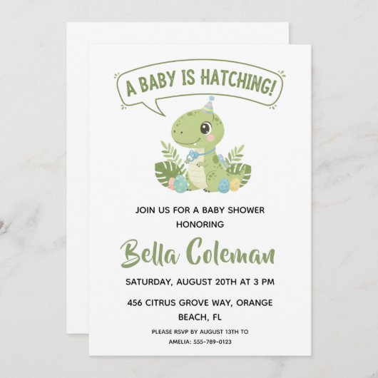 Greenery baby dinosaur baby shower invitations 招待状 (正面/裏面)