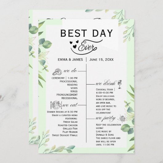 Greenery Best Day Ever Program Invitation プログラム (正面/裏面)