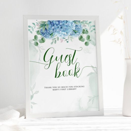 Greenery Blue hydrangea Guest Book Baby Shower ポスター