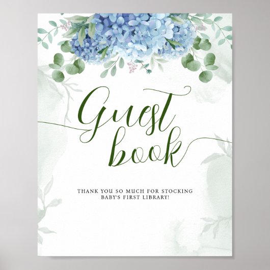 Greenery Blue hydrangea Guest Book Baby Shower ポスター (正面)