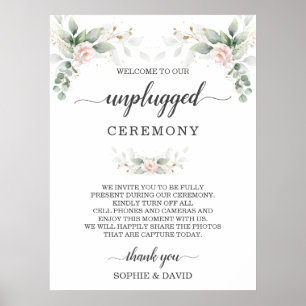 Greenery Blush Floral Gold Unplugged Ceremony Sign ポスター