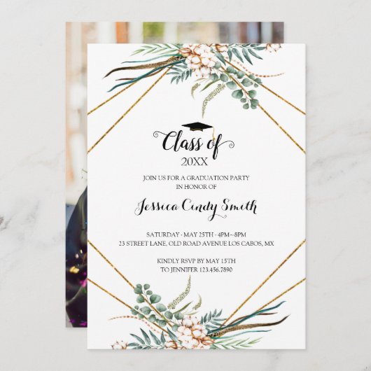 Greenery Boho Eucalyptusの写真葉の卒業 招待状 (正面/裏面)