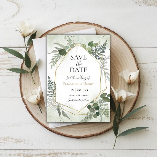 Greenery boho gold geometric watercolour save date 招待状
