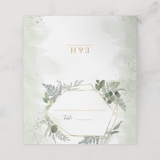 Greenery boho gold geometric watercolour wedding プレイスカード (外部開封)