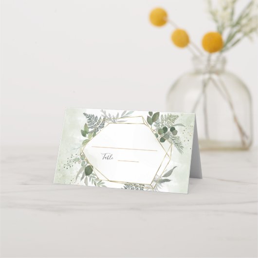 Greenery boho gold geometric watercolour wedding プレイスカード (正面)