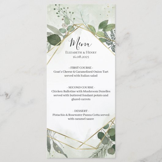 Greenery boho gold geometric watercolour wedding メニュー (正面)