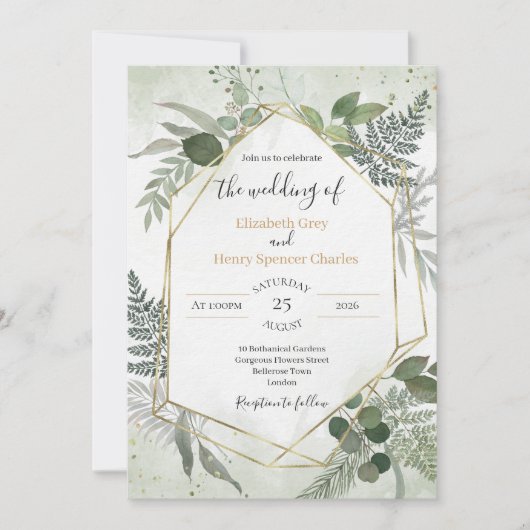 Greenery boho gold geometric watercolour wedding 招待状 (正面)