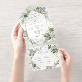 Greenery boho gold watercolour geometric wedding オールインワン招待状