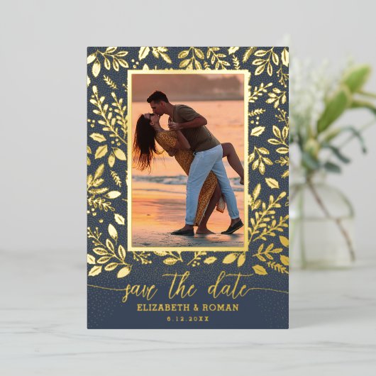 Greenery Botanical Photo Save the Date 箔招待状 (立ち正面)