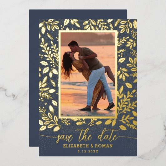 Greenery Botanical Photo Save the Date 箔招待状 (正面/裏面)