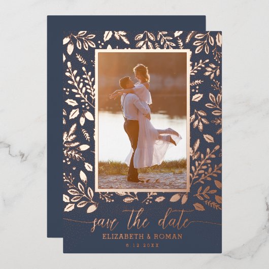 Greenery Botanical Photo Save the Date 箔招待状 (正面/裏面)