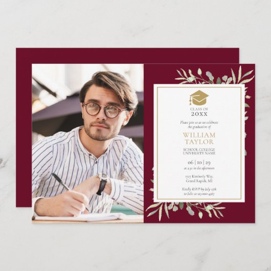Greenery Burgundyモダン卒業式パーティーの写真 招待状 (正面/裏面)