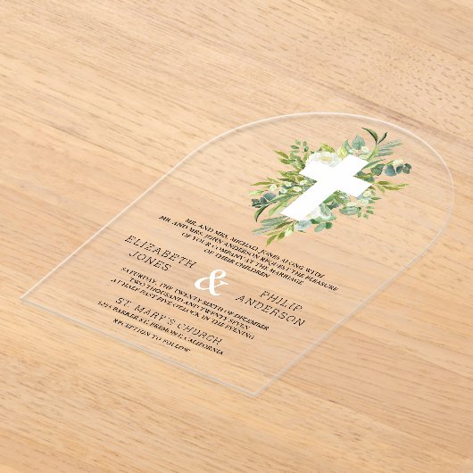 Greenery Cross Catholic Wedding アクリル招待状 (レイダウン)