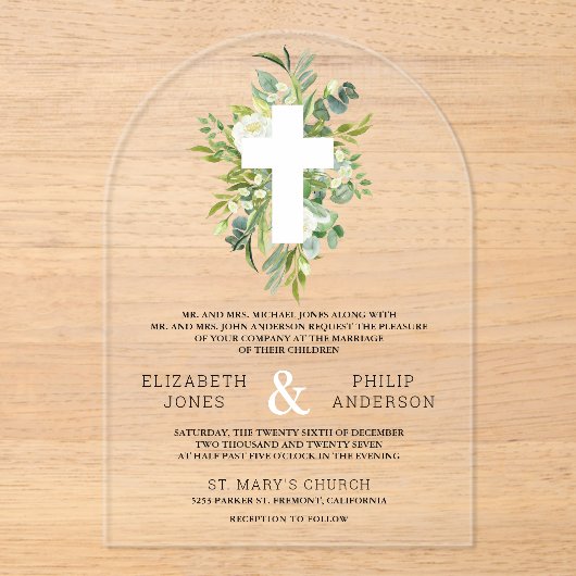Greenery Cross Catholic Wedding アクリル招待状 (正面)