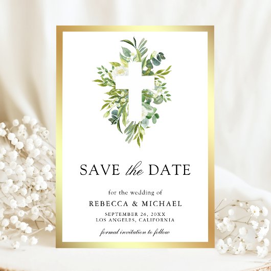 Greenery Cross Catholic Wedding セーブザデート