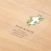 Greenery Cross Catholic Wedding Save the Date アクリル招待状 (レイダウン)