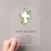 Greenery Cross Catholic Wedding Save the Date アクリル招待状 (インサイチュ (ポータブル))
