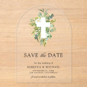Greenery Cross Catholic Wedding Save the Date アクリル招待状 (正面)
