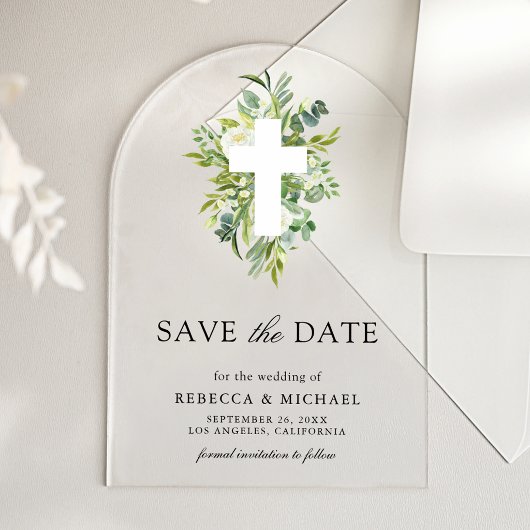 Greenery Cross Catholic Wedding Save the Date アクリル招待状