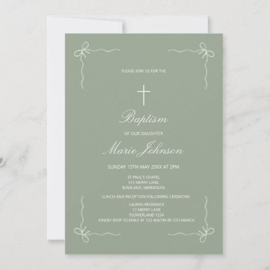 Greenery custom girl modern baptism invitation 招待状 (正面)