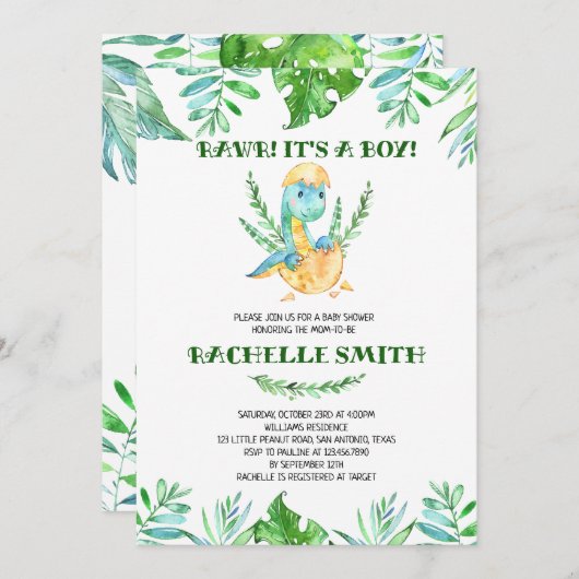 Greenery Dinosaur Baby Shower 招待状 (正面/裏面)