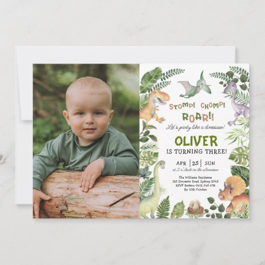 Greenery Dinosaur Jurassic誕生日パーティーの写真 招待状 (正面)