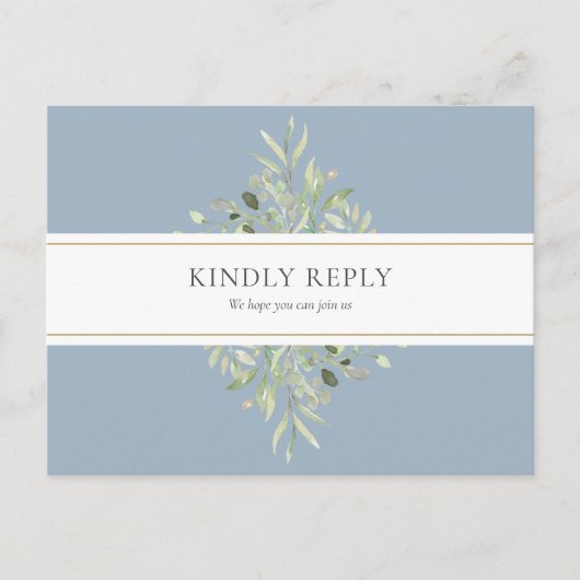 Greenery Dusty Blueの曲結婚リクエストRSVP インビテーションポストカード (正面)