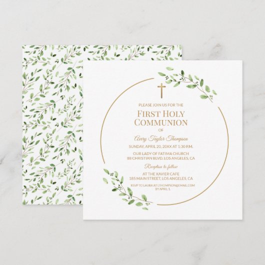 Greenery Elegant Gold Cross First Holy Communion  招待状 (正面/裏面)
